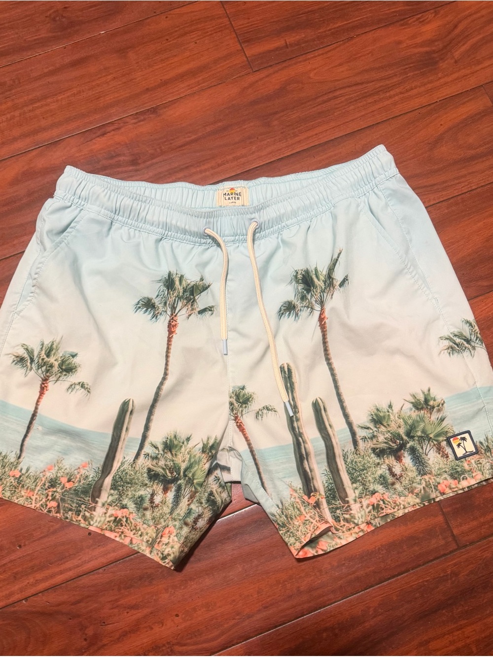 Marine Layer Light Blue Palm & Cactus Print Swim Trunks